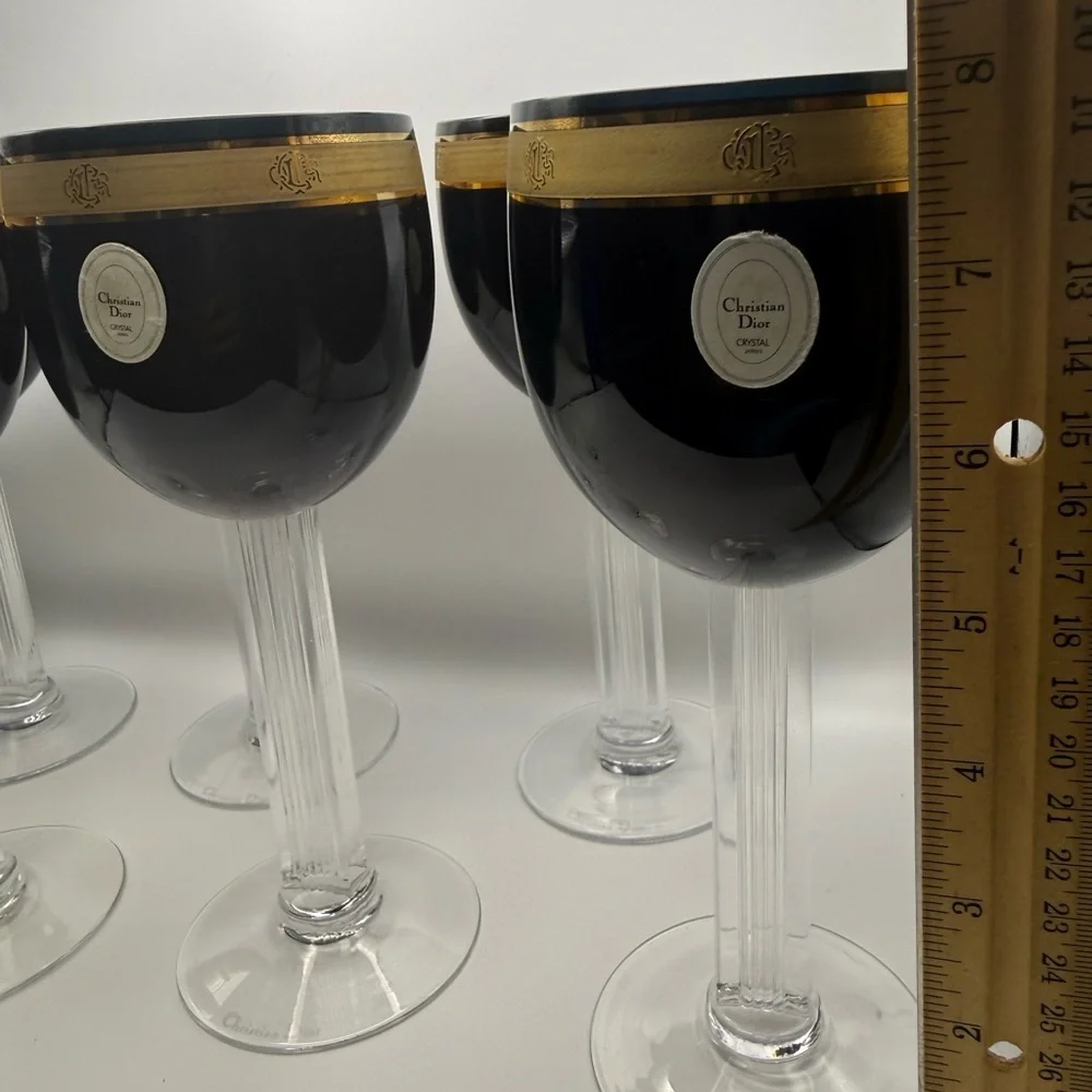 6 Vintage Christian Dior Ebony Gold Wine Crystal Stemware Japan